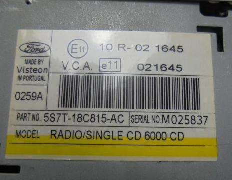 RADIO 6000CD 5S7T18C815AC FORD MONDEO MK3 FOCUS 5S7T18C815AC bez kódu