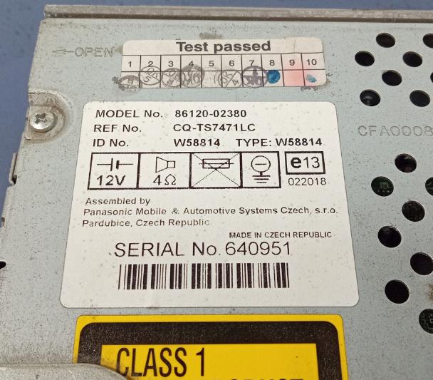 TOYOTA COROLLA E12 RADIO CD  86120-02380 kód nemáme
