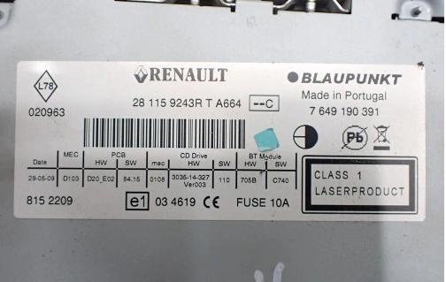 RADIO CD MP3  RENAULT MEGANE SCENIC III  281159243R -- kód nemáme --