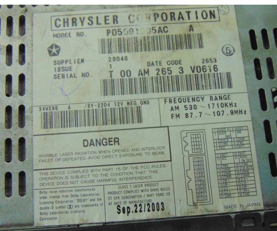 DODGE GRAND CARAVAN III 3.8 04r RADIO CD P05091005AC --KOD NEMAME--