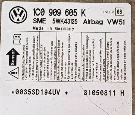 Volkswagen Polo IV 9N 2001-2009 hatchback 1.2 12v petrol MT 47 kW 2001  Riadiaca jednotka airbagu 1C0909605K