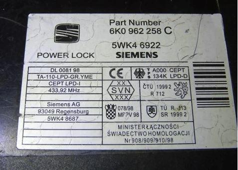 Seat Ibiza II 6K 1993-2002 hatchback 1.4 petrol MT 44 kW 1997  Modul komfortu 6K0962258C NR265