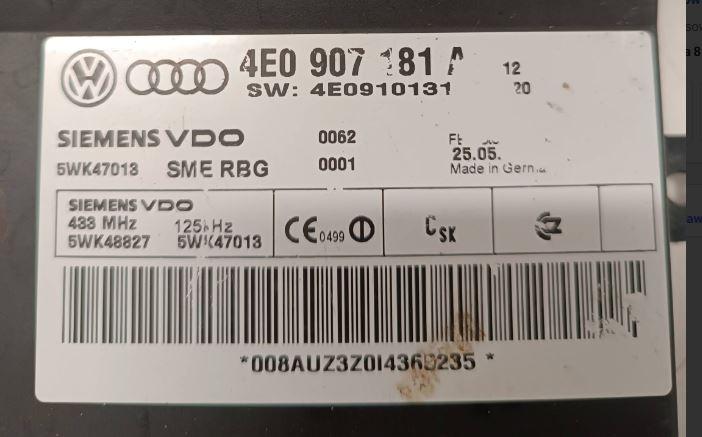 Audi A8 D3 2002-2009 sedan 6.0 W12 petrol AT 331 kW 2005  Modul KESSY 4E0907181A ,  5WK47013