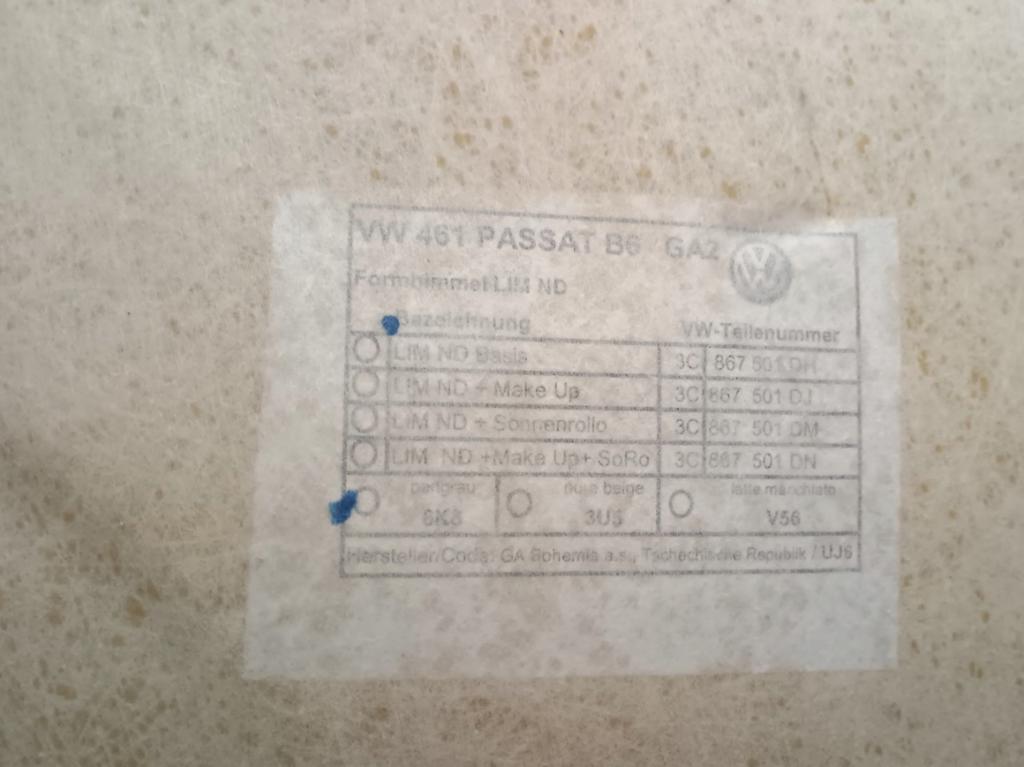 Volkswagen Passat B6 2005-2010 sedan Stropný tapacír