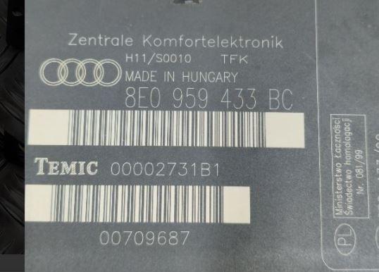Audi A4 B6 2000-2004 sedan 1.9 TDI diesel MT 96 kW 2003  Modul komfortu 8E0959433BC 00002731B1 00709687
