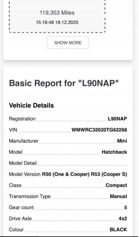 Mini Cooper One I R50/R53 2000-2006 hatchback 1.6 16v petrol MT 85 kW 2005  Motor benzín 119 tisic najazd