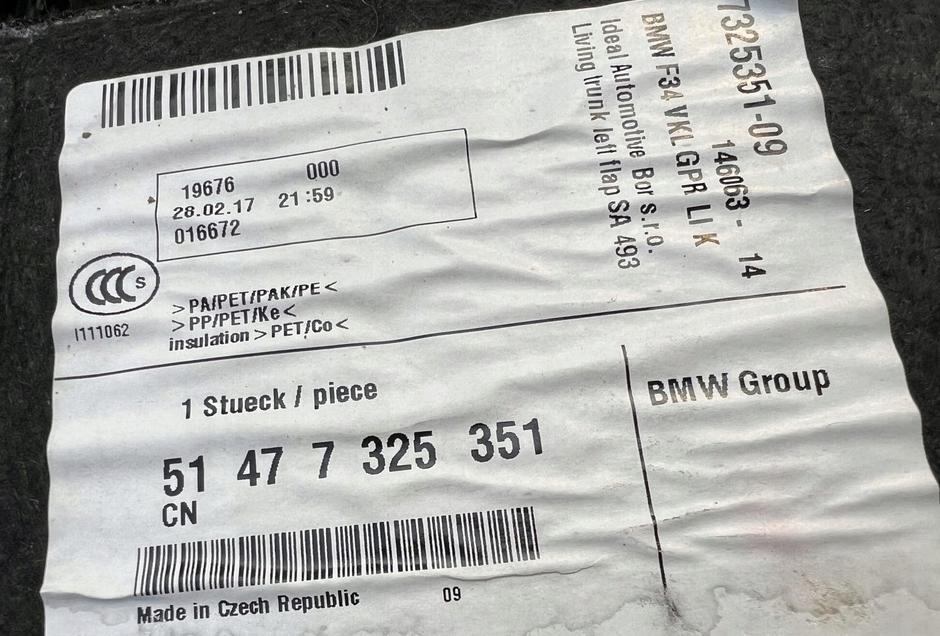 BMW 3 3 F34 2012- Tapacír batožinového priestoru (kufra) ľavý 7325351