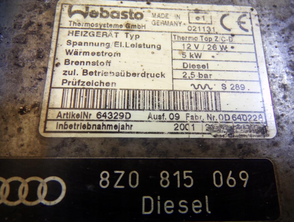 Audi A2 hatchback 1.4 TDI diesel 55 kW 2001  Webasto (nezávislé kúrenie) 8Z0815069