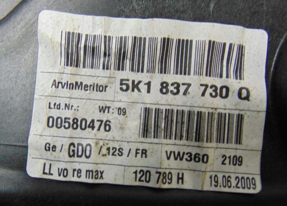 Volkswagen Golf VI 2008-2013 hatchback 1.4 16v petrol MT 59 kW 2009  Mechanizmus sťahovania okna predný pravý 5K1837730Q 5K0959792A