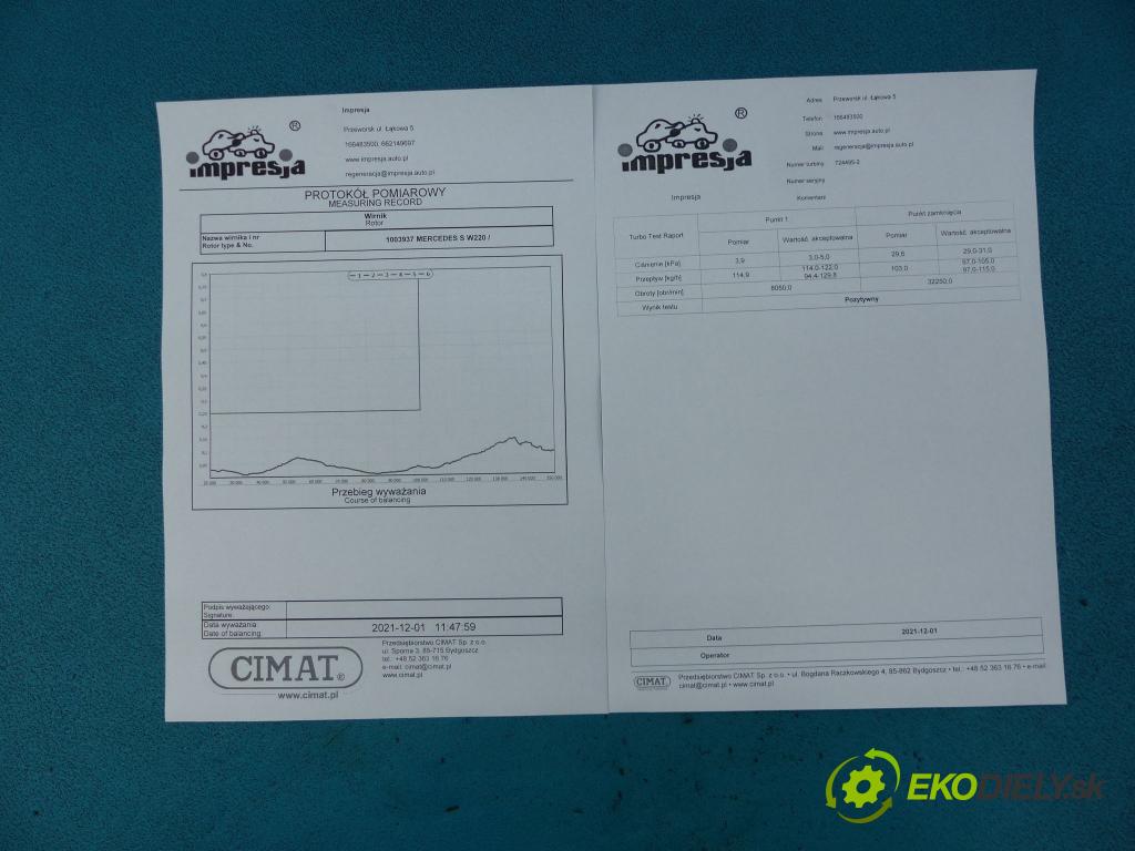 Mercedes S W220 1998-2005 4.0 CDI V8 250 HP automatic 184 kW 3996 cm3 4- turbodúchadlo, turbo 724495-2 (Turbodúchadlá (kompletné))