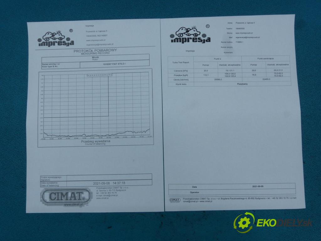Fiat Stilo 1.9 jtd 140 HP manual 103 kW 1910 cm3 5- turbodúchadlo, turbo repasovaná 716665-1