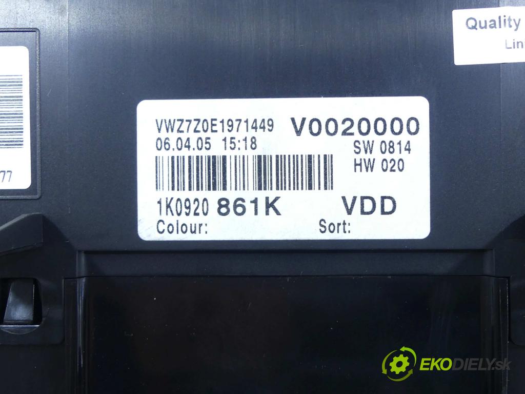 Vw Golf V 2003-2009 1.4 16v 75 HP manual 55 kW 1390 cm3 5- prístrojovka/ budíky 1K0920861K (Prístrojové dosky, displeje)