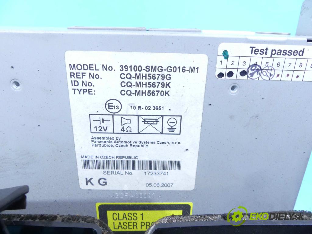 Honda Civic VIII 2006-2011 1.8 16v 140 hp manual 103 kW 1799 cm3 5- Radio továrna: 39100-SMG-G016-M1