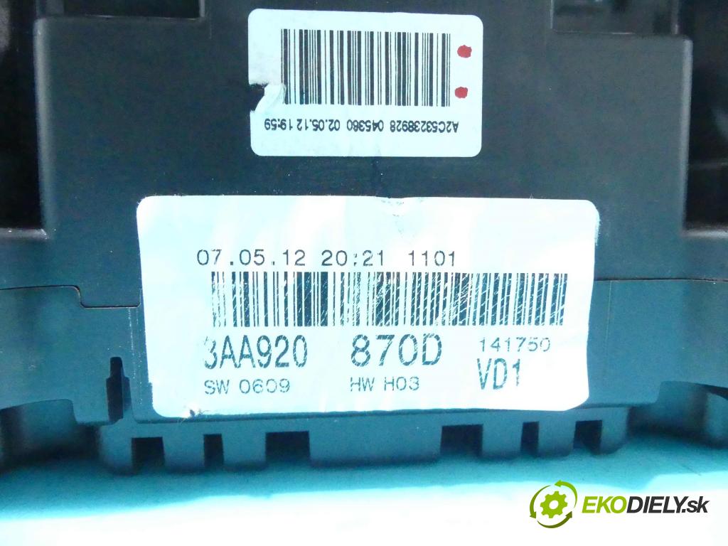 Vw Passat B7 2010-2014 2.0 tdi 140 HP manual 103 kW 1968 cm3 5- prístrojovka/ budíky 3AA920870D (Prístrojové dosky, displeje)