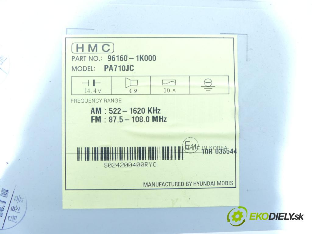 Hyundai ix20 2010-2019 1.4 16v 90 hp manual 66,2 kW 1396 cm3 5- Radio továrna: 96160-1K000