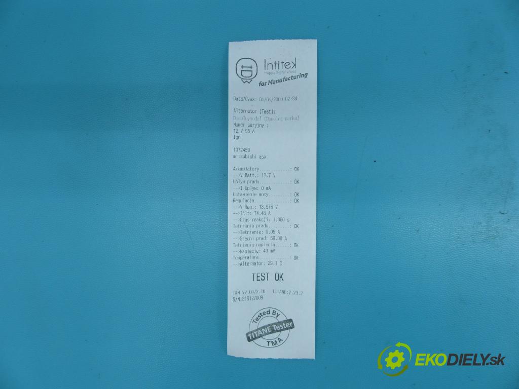 Mitsubishi ASX 2010-2016 1.6 16v 117 HP manual 86 kW 1590 cm3 5- Alternator 1800A287 (Alternátory)