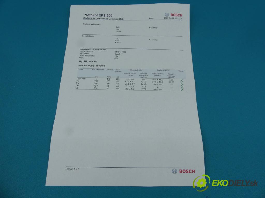 Lancia Ypsilon 1,3.0 jtd 69KM manual 51 kW 1248 cm3 3- vstrek 0445110083 (Vstrekovače)