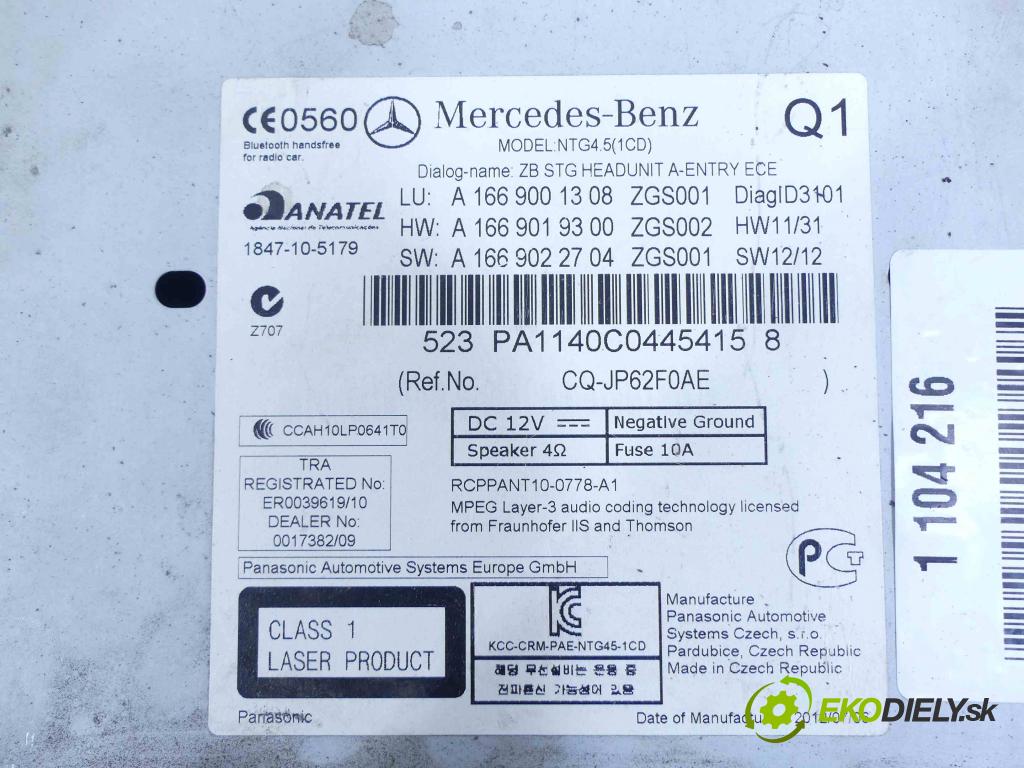 Mercedes ML W166 2011-2015 3.5 V6 306KM automatic 225 kW 3498 cm3 5- Radio továreň: A1669001308
