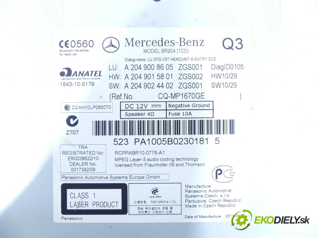 Mercedes GLK X204 2008-2015 2,2.0 cdi 170 HP automatic 125 kW 2143 cm3 5- Radio továreň: A2049008605