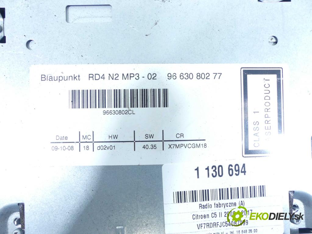 Citroen C5 II 2008-2017 2.0 16v 140 HP manual 103 kW 1997 cm3 4- Radio továreň: 9663080277