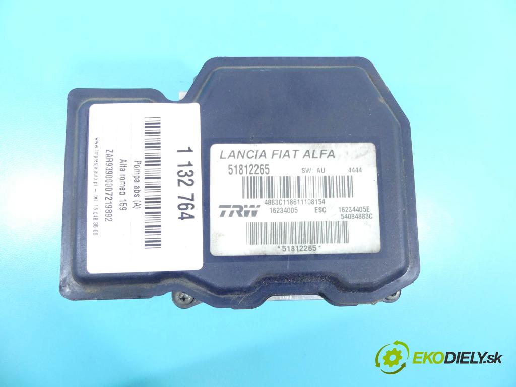 Alfa romeo 159 2.4 JTDm 209KM manual 154 kW 2387 cm3 4- čerpadlo abs 51812265 (Pumpy ABS)