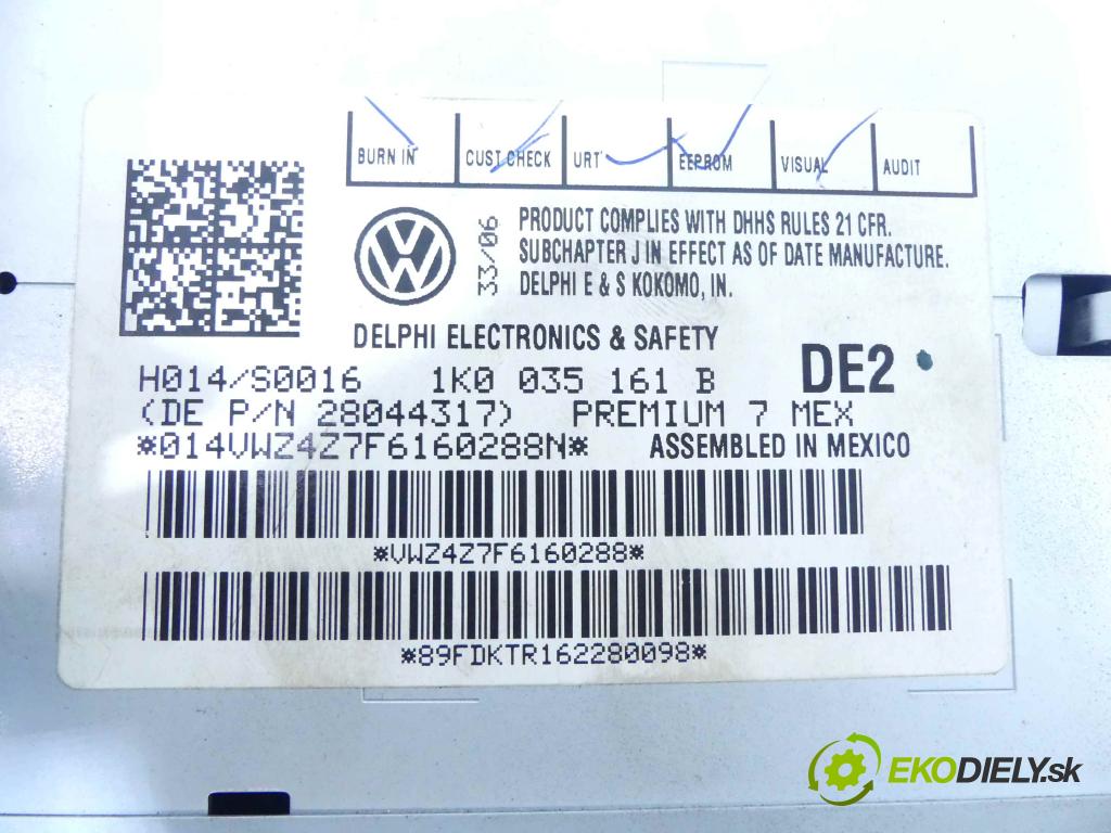 Vw Passat B6 2005-2010 2.0 TFSI 200 HP automatic 147 kW 1984 cm3 4- Radio továreň: 1K0035161B