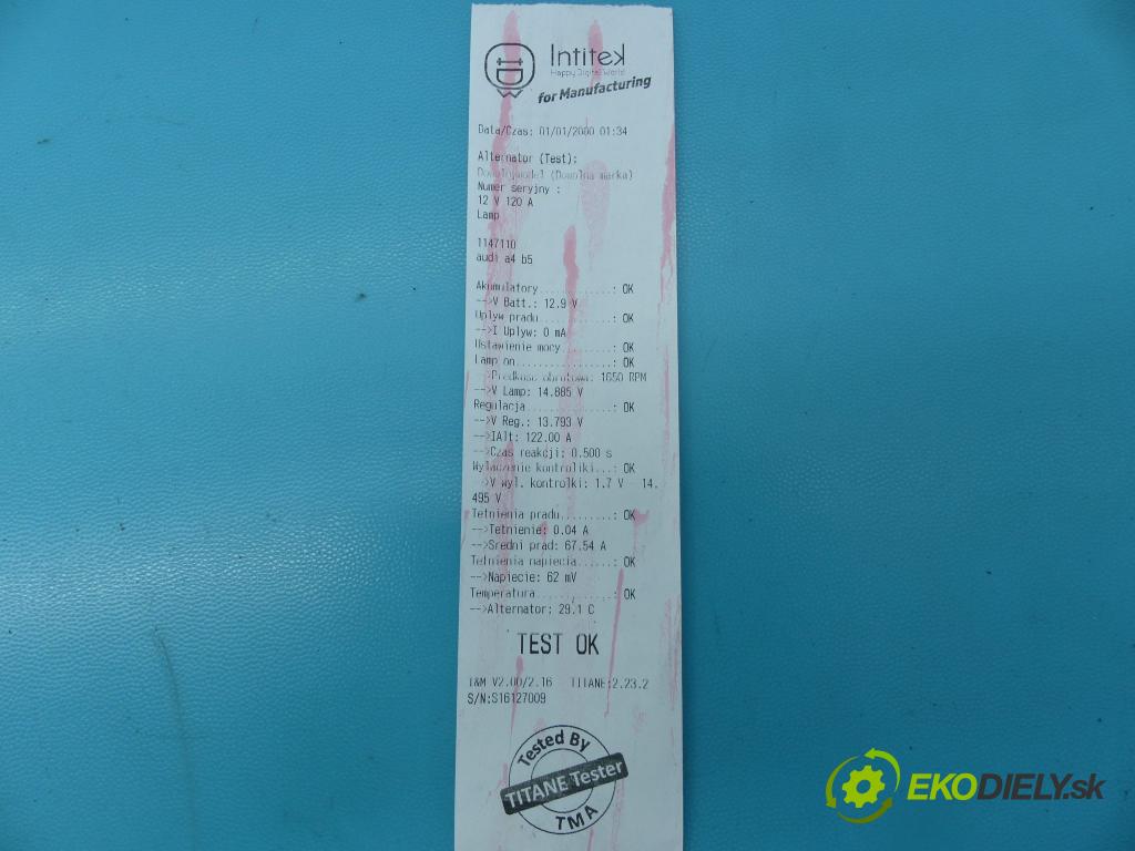 Audi A4 B5 1994-2001 2.4 V6 165 HP manual 121 kW 2393 cm3 5- Alternator 0123510061 (Alternátory)