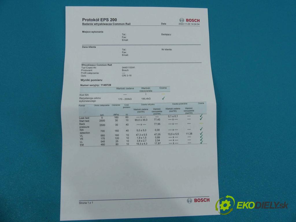 Audi A8 D3 2002-2009 4.2 TDI 326KM automatic 240 kW 4134 cm3 4- vstřikovač 0445115041 (Vstřikovač paliva)