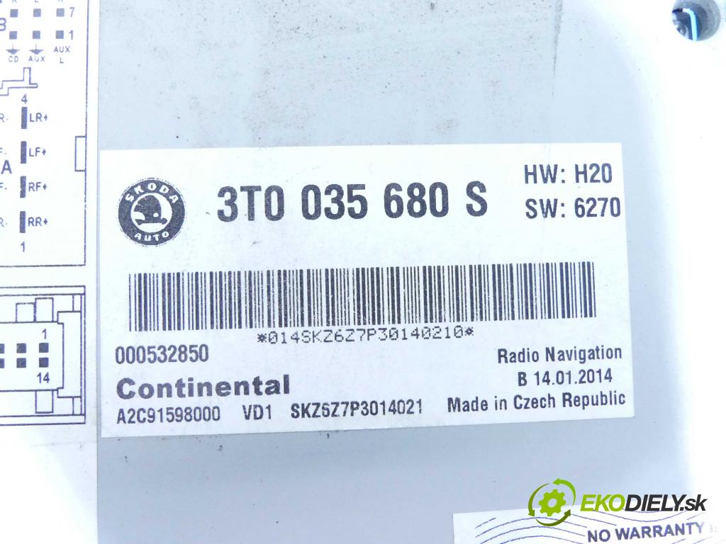 Skoda Superb II 2008-2015 2.0 tdi 170 HP automatic 125 kW 1968 cm3 5- Radio továreň: 3T0035680S