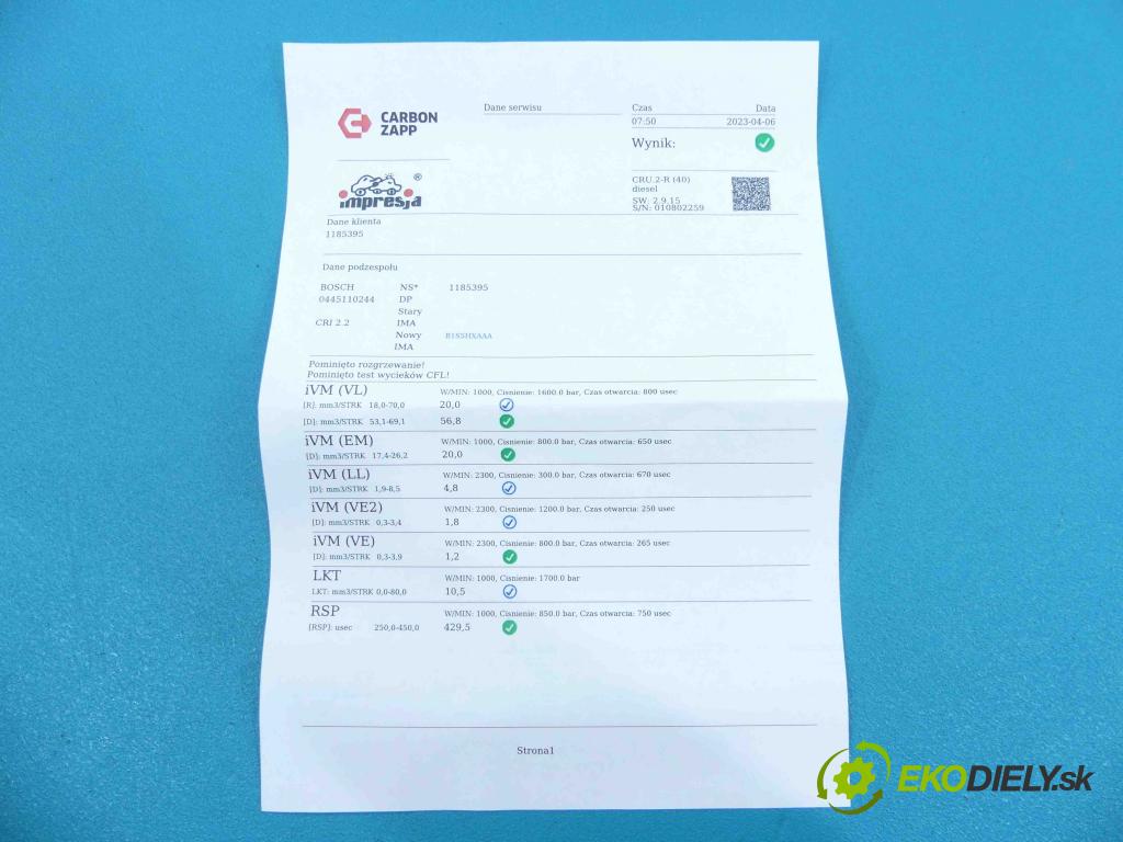 Fiat Croma II 2005-2010 1.9 jtd 120 HP manual 88 kW 1910 cm3 5- vstrek 0445110244 (Vstrekovače)