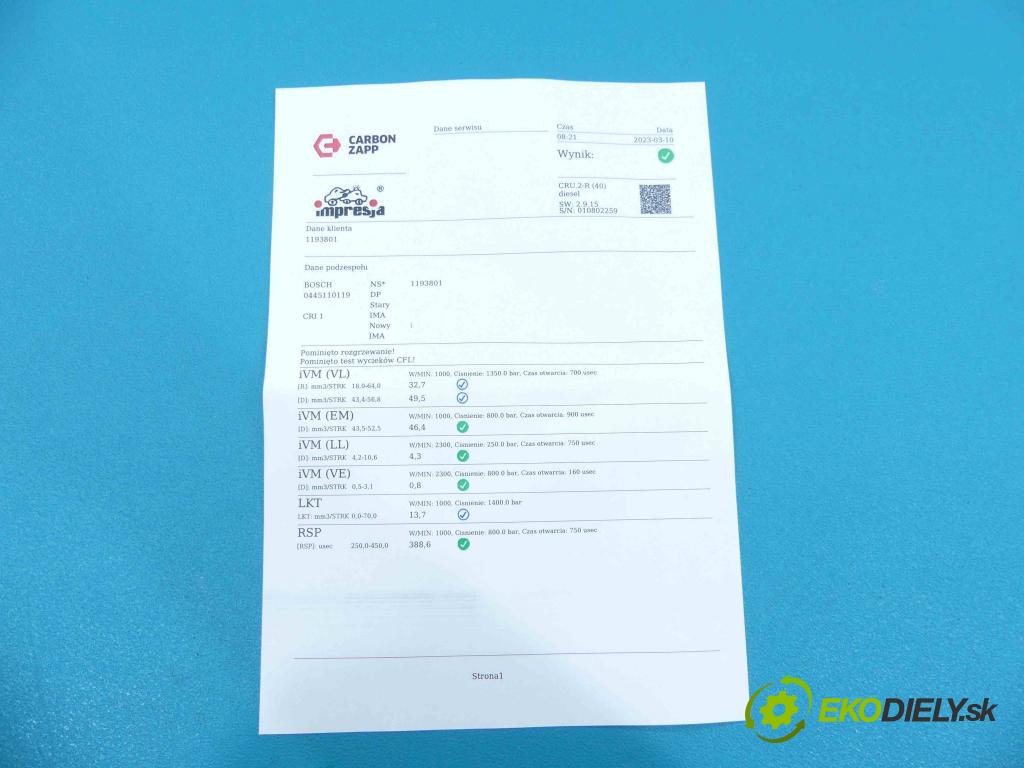 Alfa romeo 147 1.9 jtd 116 HP manual 85 kW 1910 cm3 5- vstrek 0445110119 (Vstrekovač paliva)