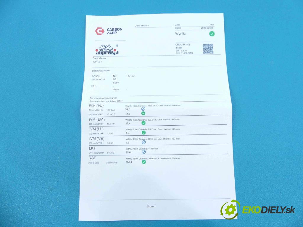 Fiat Punto II 1999-2010 1.9 JTD 80 HP manual 59 kW 1910 cm3 5- vstrek 0445110019 (Vstrekovače)