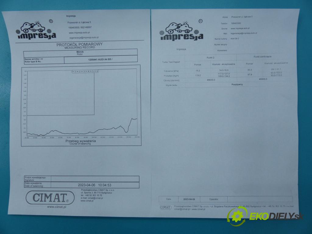 Audi A4 B5 1994-2001 1.9 tdi 110 hp manual 81 kW 1896 cm3 4- Turbodmychadlo repasováno 454158-3