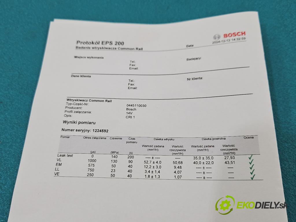 Rover 75 2.0 cdt 131 HP manual 96 kW 1951 cm3 4- vstrek 0445110030 (Vstrekovač paliva)