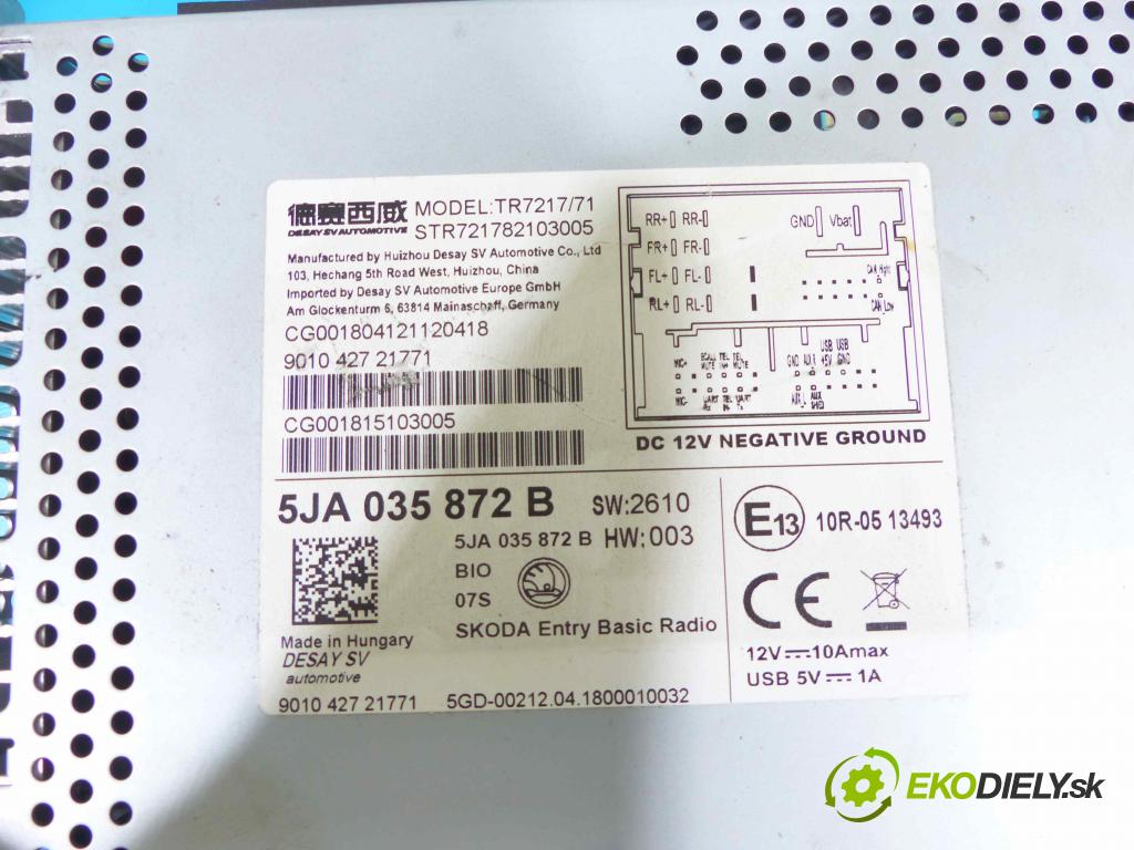Skoda Rapid 2012-2019 1.0 TSI 95 HP manual 70 kW 999 cm3 5- Radio továreň: 5JA035872B