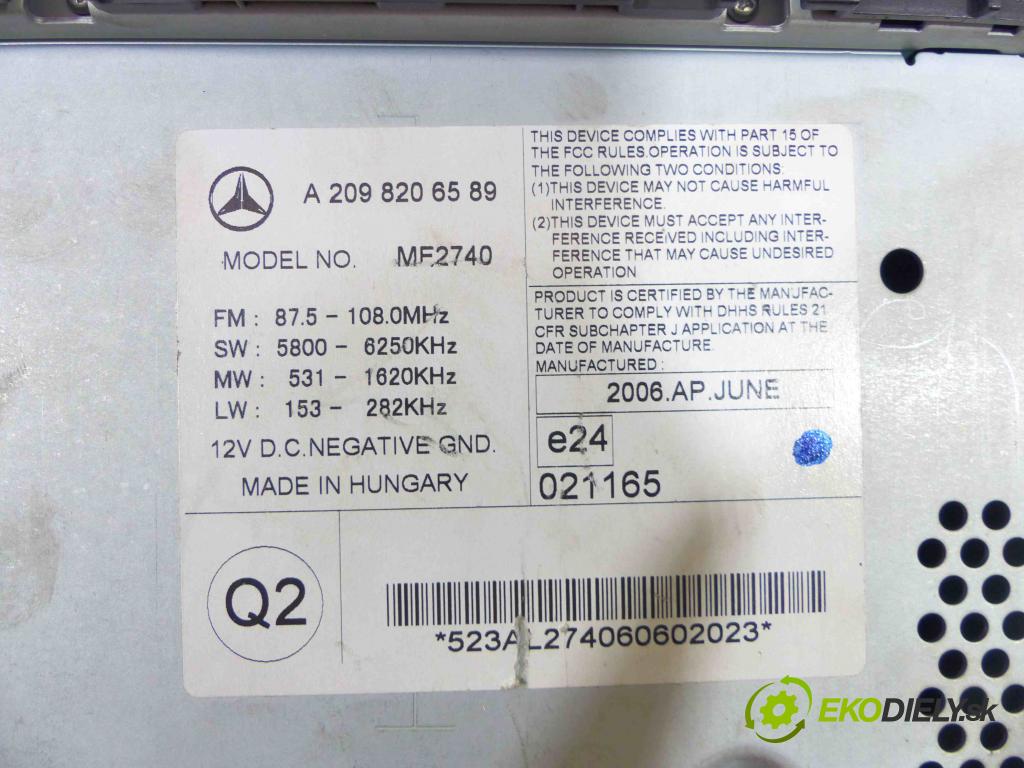 Mercedes CLK II C209 2002-2009 1.8 Kompresor (271940) 163 HP automatic 120 kW 1796 cm3 2- Radio továreň: A2098206589