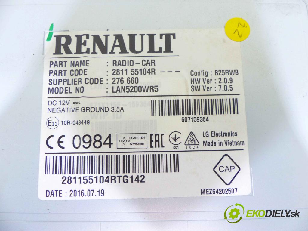 Renault Captur I 2013-2019 0.9 Tce 90 HP manual 66 kW 898 cm3 5- Radio továreň: 281155104R