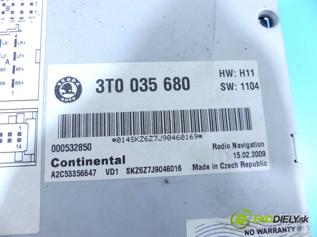 Skoda Superb II 2008-2015 2.0 tdi 170 HP automatic 125 kW 1968 cm3 4- Radio továreň: 3T0035680