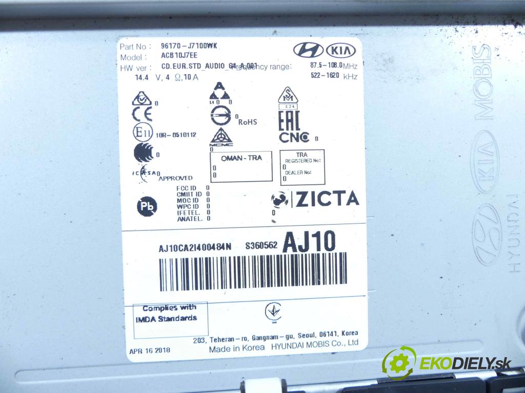 Kia Ceed III 2018- 1.6 crdi 116 HP manual 85 kW 1598 cm3 5- Radio továreň: 96170-J7100WK