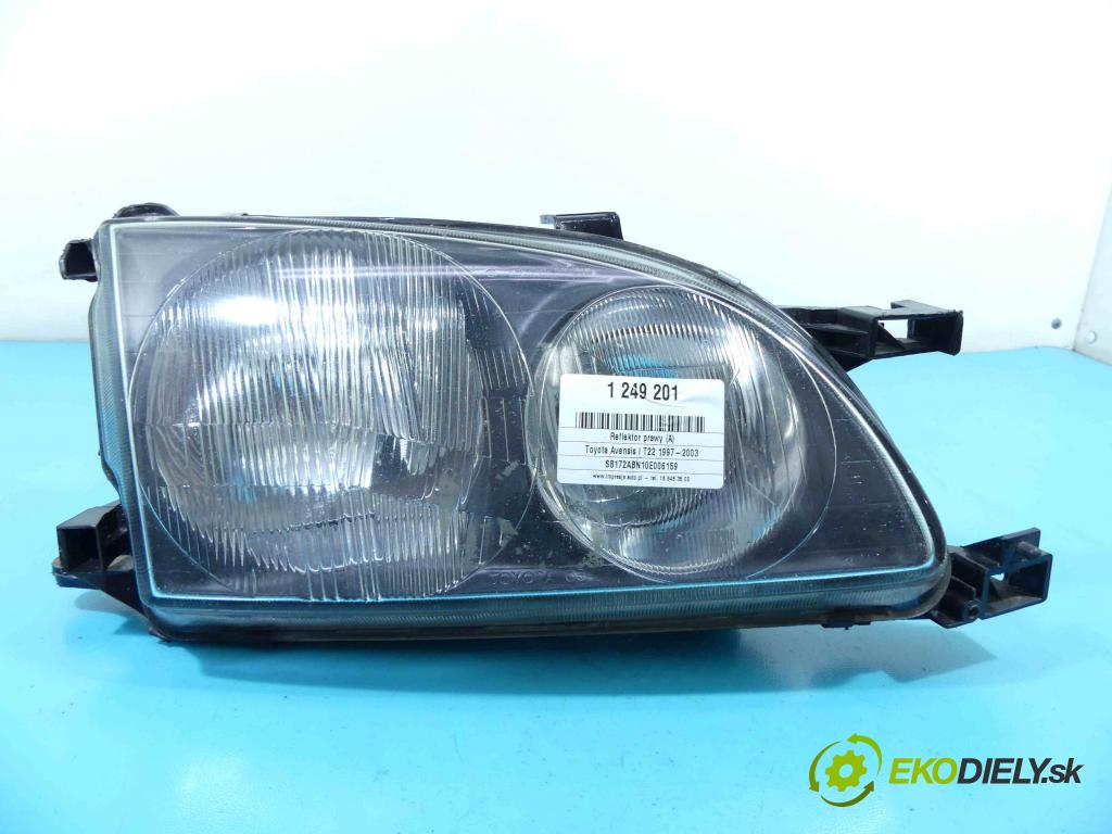 Toyota Avensis I T22 1997-2003 1.8 16v 110 HP manual 81 kW 1762 cm3 5- Reflektor: pravý  (Pravé)