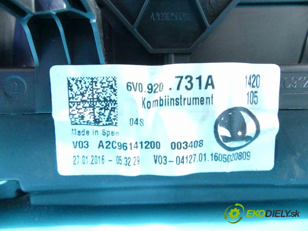 Skoda Fabia III 2014- 1.4 tdi 105 HP manual 77 kW 1422 cm3 5- prístrojovka/ budíky 6V0920731A (Prístrojové dosky, displeje)
