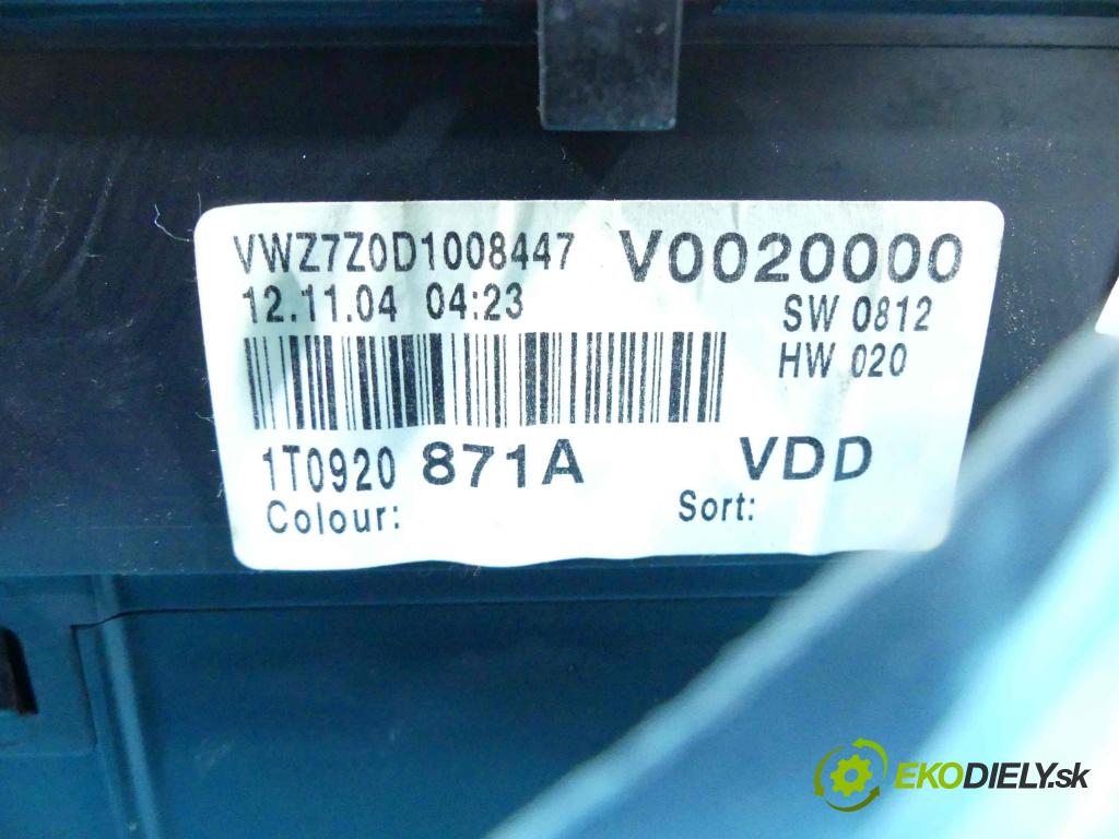 Vw Touran I 2003-2015 1.9 tdi 105 HP manual 77 kW 1896 cm3 5- prístrojovka/ budíky 1T0920871A (Prístrojové dosky, displeje)