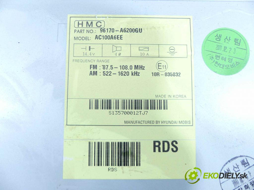 Hyundai I30 II 2012-2016 1.4 16v 100 HP manual 73,2 kW 1396 cm3 5- Radio originál 96170-A6200GU