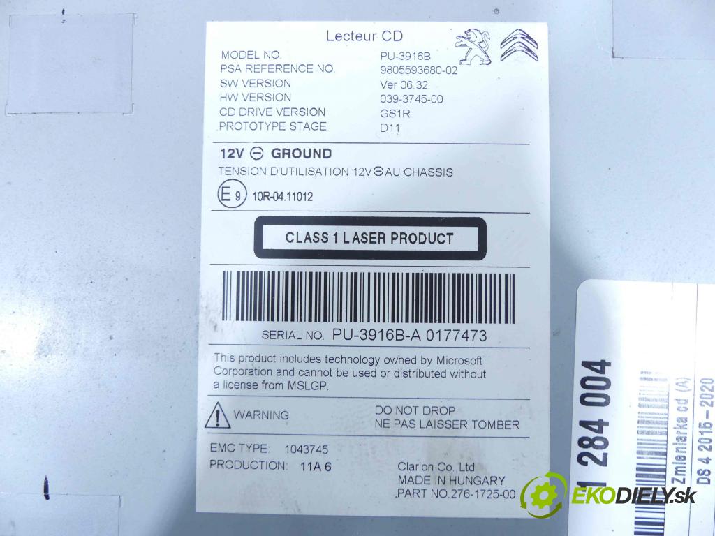 DS 4 2015-2020 1.6 hdi 120 HP automatic 88 kW 1560 cm3 5- Menič: cd 9805593680 (CD meniče)