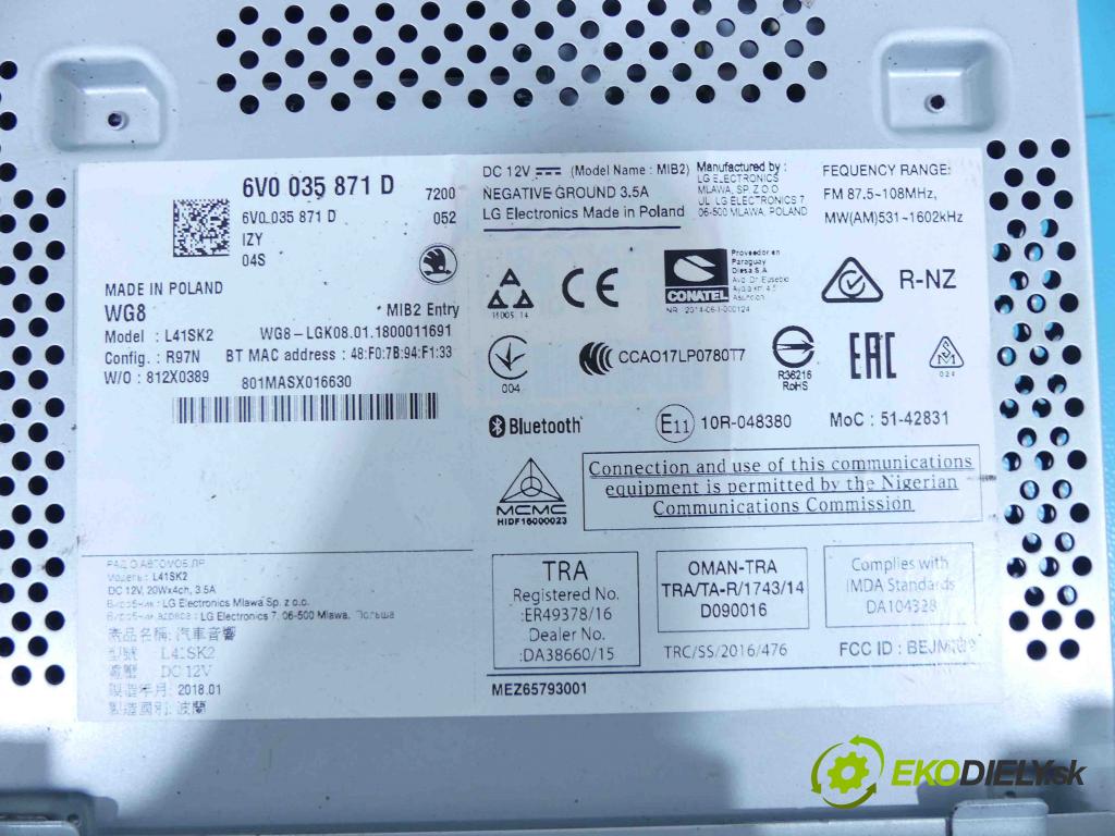 Skoda Fabia III 2014- 1.0 TSI 110 HP manual 81 kW 999 cm3 5- Radio originál 6V0035871D