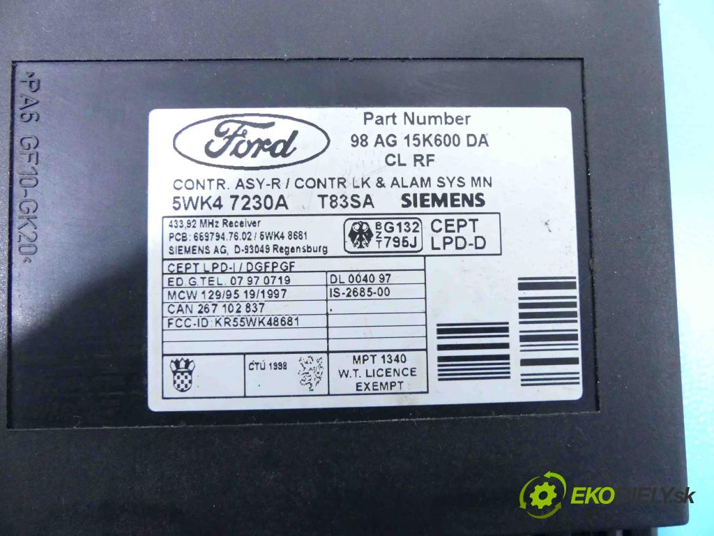 Ford Focus Mk1 1998-2004 1.6 16v 101 hp manual 74 kW 1596 cm3 5- jednotka řídící 98AB-12A650-CDG
