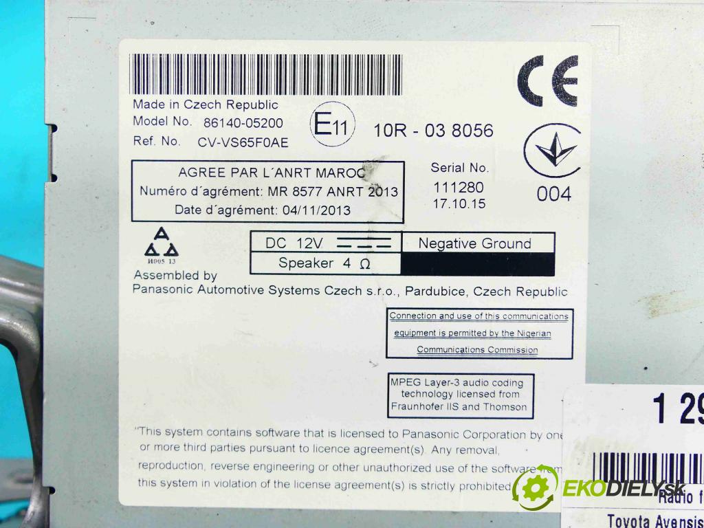 Toyota Avensis III T27 2009-2018 2.0 D4D 143 HP manual 105 kW 1995 cm3 5- Radio originál 86140-05200