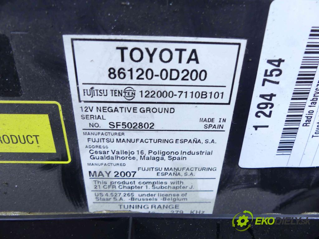 Toyota Yaris II 2005-2011 1.4 D4D 90 HP manual 66 kW 1364 cm3 5- Radio originál 86120-0D200