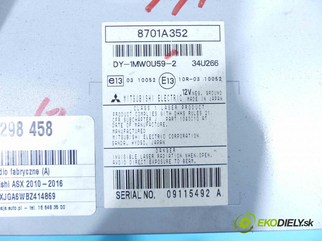 Mitsubishi ASX 2010-2016 1.8 DI-D 116 HP manual 85 kW 1798 cm3 5- Radio originál 8701A352