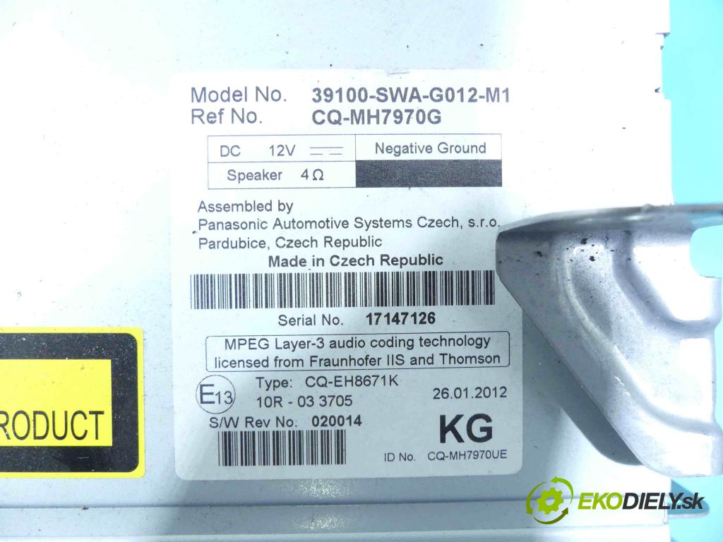 Honda CR-V III 2006-2011 2.2 i-DTEC: 150 HP manual 110 kW 2199 cm3 5- Radio originál 39100-SWA-G012-M1